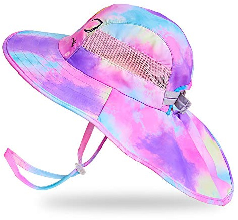 Kids Sun Hat UV Protection Summer Beach Play Hats Wide Brim Neck Flap for Girls Boys 2-9 Years, Purple Aqua Tie Dye
