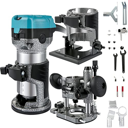 VEVOR Routeur de paume 3 bases incluses : base fixe d'immersion inclinable 710 W 13000-33000 tr/min Outil compact de routeur de palmier en bois menuisier 6 et 8 mm Fraise verte