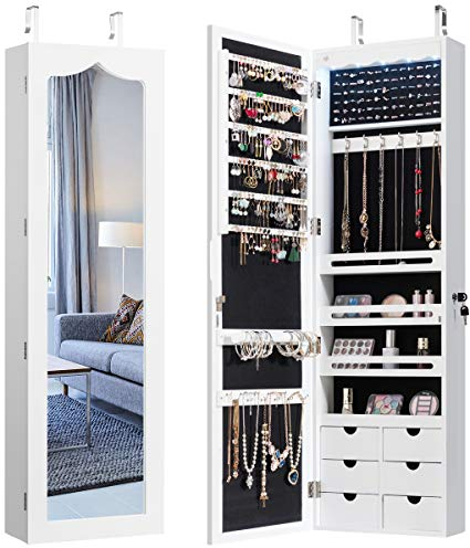 COSTWAY Armadio portagioielli con 5 Luci LED, Porta che Si Chiude, Armadio Portagioielli Montato a Muro con Specchio e 6 Cassetti, Organizer Gioielli con Tanto Spazio per Ragazze (Bianco)
