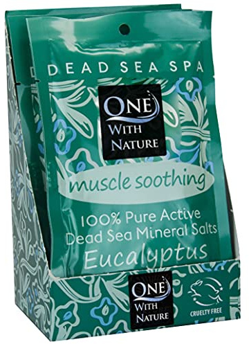 One With Nature 100% Pure Dead Sea Salt for Bath Eucalyptus, 2.5oz 6Pack. Dead Sea Salt is high in 21 Essential Minerals, Such as Magnesium, Sulfur, Zinc, Potassium. Skin Nourishing and Therapeutic.
