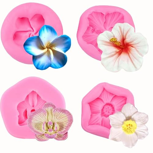 Guratapa 4PCS Flower Blossom Plumeria Orchid Hibiscus Frangipani Silicone Molds for DIY Fondant Candy Making Tools Chocolate Mold Desserts Clay Biscuit Resin Cupcake Topper Cake Border Decor Moulds