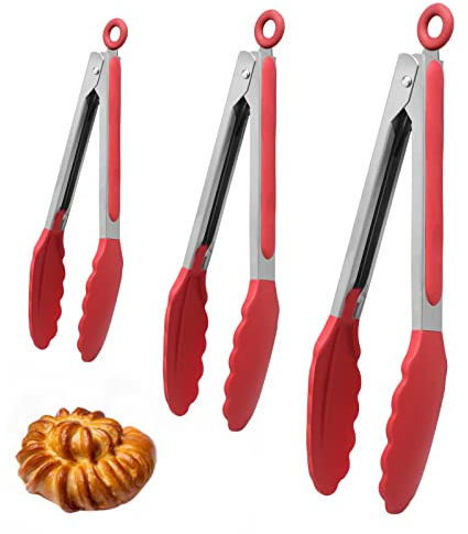 AMJKEJI 3 Pezzi Pinze da Cucina, Pinze de Barbecue Acciaio Inoxe Silicone, Pinza Spaghetti, Pinze Insalata, Pinza da Cucina per BBQ, Pane, Pizza, Spaghetti, Rosso