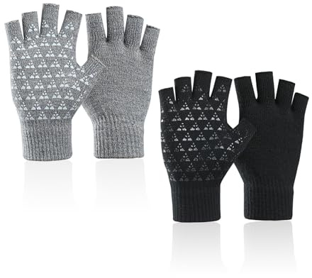 2 par halvfingerhandskar, vintervarma handskar, halkfria fingerlösa handskar, elastiska stickade handskar, neutrala fingerlösa handskar, lämpliga för löpning, cykling (svart, ljusgrå)