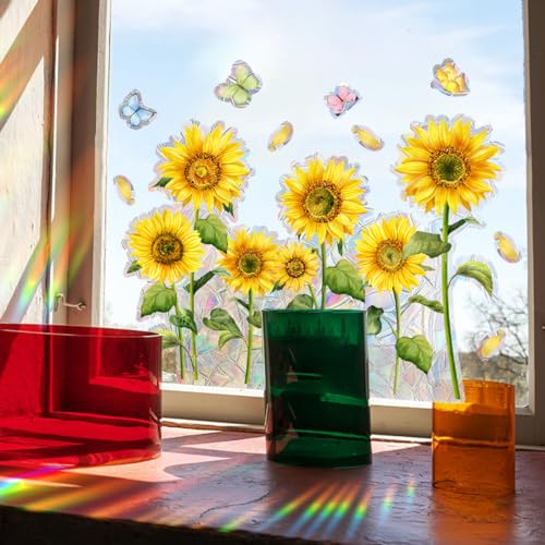 Sonnenblume Fensterbilder Prisma Fensteraufkleber Suncatcher Sticker Vogelschutz Schmetterling Prism Fenster Abziehbilder Vögel Anti Kollisions Aufkleber Sonnenfänger für Fensterfolie Glasscheiben
