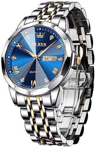 OLEVS Montres pour Hommes Diamond Business Wear analogique Quartz Acier Inoxydable étanche Lumineux Date Bicolore Luxe Casual Watch,Bleu Doré