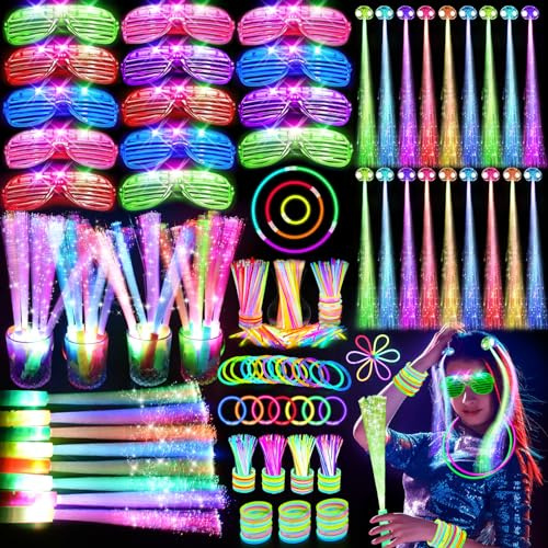 OLUPP 148 PCS Glow in the Dark Party Supplies, 16 Fiber Optic Wands, 14 LED Glasses, 100 Glow Sticks and 18 LED Hair Clips Fiber Optic for Neon Party, Wedding, Birthday, Concert, New Year