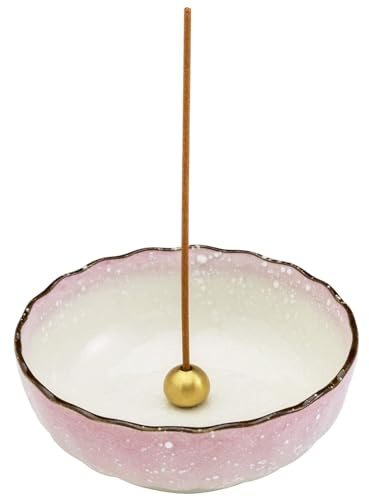 Asayu Japan Portaincenso di Loto per Bastoncini 105 mm, Fatto in Giappone, Cattura-cenere in Ceramica e Set Brucia-incenso in Ottone - Rosa Pastello