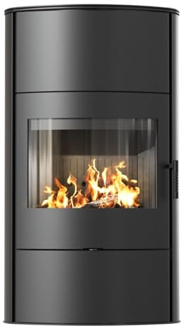KRATKI Stufa a legna AB/S/2/ROLLO Ø150 8 kW nero – Stufa a legna in acciaio girevole con disco panoramico, inserto camino per legno, moderno inserto riscaldamento, efficiente camino a legna