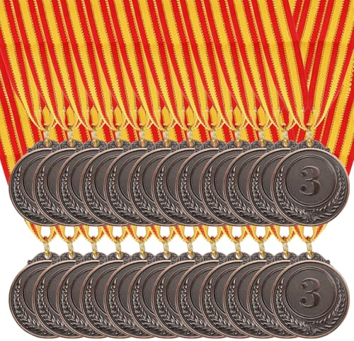 sourcing map Medaglie premio da 5 cm, in bronzo, in metallo, per vincitori, 3° posto, con nastro per collo, motivo trofeo per giochi sportivi, competizioni, bomboniere, 24 pezzi