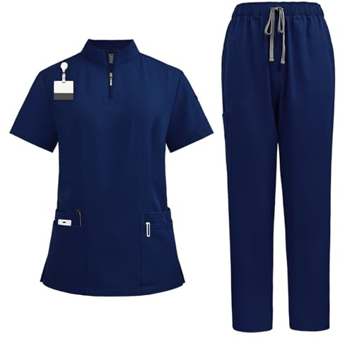 Meichoon DK50 Ensemble médical pour femme avec col montant et haut à fermeture éclair et quatre poches Pantalon de yoga extensible pour soins médicaux, uniforme de travail et salon de beauté