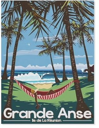 Peinture par numéros pour adultes et enfants débutants，Affiche de voyage vintage Grande Anse Île de la Réunion，Peinture par numéros sur toile avec pinceaux et pigments acryliques (20x30cm）-AR1