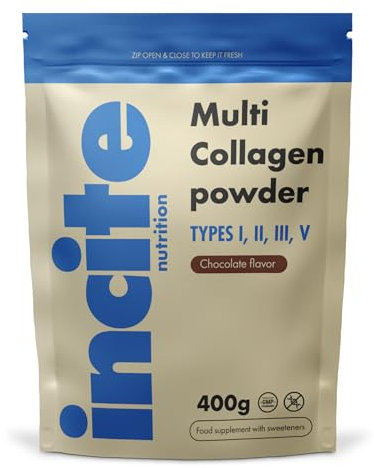 Incite Nutrition Multi Collagene in Polvere Gusto Cioccolato 400 g. Fonte di Collagene Tipo 1, 2,3 e 5. Integratore Essenziale per Pelle, Articolazioni, Ossa, Capelli, Unghie e Muscoli.