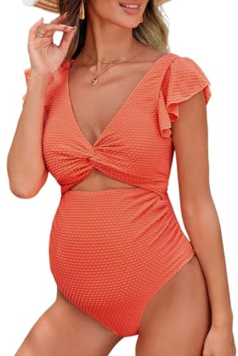 FEOYA Maternity Puffle One Piece Badkläder Front Cross Pregnance baddräkt sommar bikini Badkläder dräkt för graviditet S–XL, apelsin, S