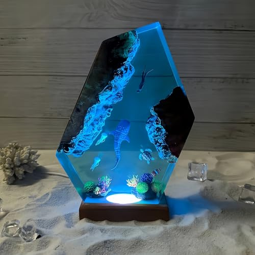 Drawelry 3D Epoxidharz Ozeanfigur Ornamente mit Holzsockel, LED Buntes Nachtlicht, Harz Ozean Tier Statue Hai Wale Pinguin Oktopus Figuren Skulptur Kunsthandwerk Mini Meere Aquarium Dekoration (B7, M)