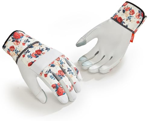 Vgo... Guantes de Jardinería Mujeres - Guantes de Trabajo en Cuero de Cabra Seguridad Antideslizante,Resistente a Espinas, Pantalla Táctil, para Rancho/Jardín/Camping...(GA3561-FM,Blanco,M,1 Par)