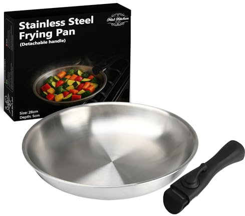 MISL HOME Padelle in acciaio inox con manico rimovibile, pentole a induzione, adatte al forno, padella salvaspazio in acciaio per cucine piccole e cuochi moderni, padella a 3 strati (padella da 28 cm)