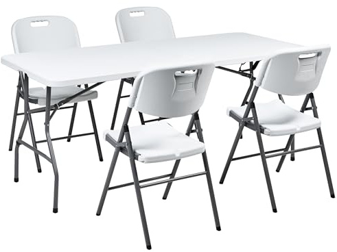 Beliani Gartenmöbel-Set 4-Sitzer rechteckiger Tisch klappbare Stühle mit Stahlbeinen 180 x 74 cm weiß Cugnoli