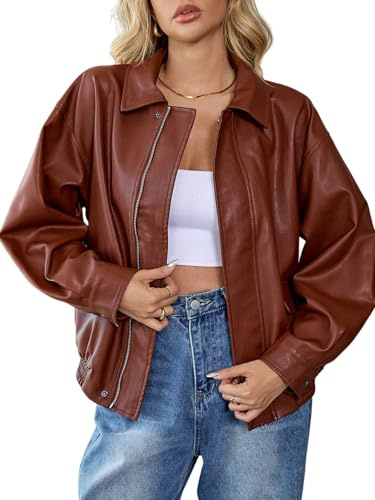 HOUZONIY Giacca in pelle da donna, oversize, in similpelle, alla moda, per autunno e inverno, a maniche lunghe, con zip, marrone, L