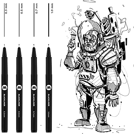 Molotow Blackliner Set 2 (Strichstärke 0,3 mm bis 1,0 mm, Fineliner mit permanenter, dokumentenechter Tinte) 4 Stück schwarz