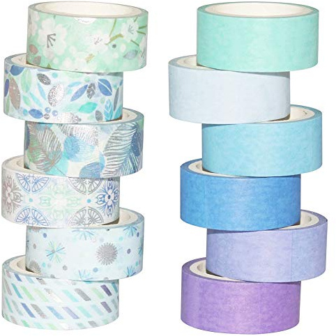 YUBBAEX Blue Washi Tape Set Silver Decorative Masking Tape Scrapbooking Tape for DIY Art & Crafts and Gift Wrapping Holiday Decoration Office,15mm x 3M (Blue Mix)