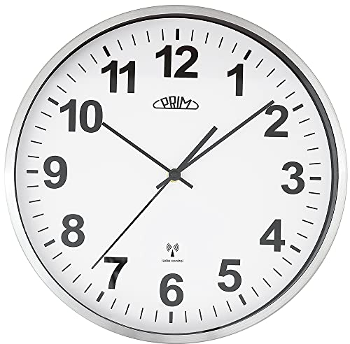 PRIM Design Radio Control Funk Wanduhr, Weiß/Silber, funkgesteuert aus Metall, Funkwanduhr Modern, Schöne Deko für jeden Raum, Ø 303 mm, Perfekt als Küchenuhr Wand-Deko Wohnzimmer, Büro