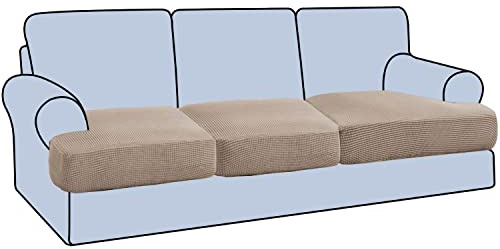 H.VERSAILTEX Stretch 3 Piece T Cushion Sofa Slipcovers Individually Sofa Cushion Covers for 3 Cushion Couch Sofa Seat Cushion Covers with Elastic Bands Featuring Thicker Jacquard Fabric, Sand