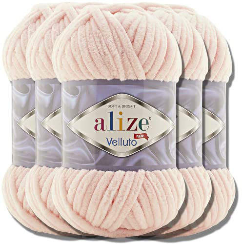 Alize Velluto 5x 100g Türkische Strickwolle super Bulky Wolle zum Häkeln Uni Farbe Babywolle Flauschgarn Filzwolle Kuschelwolle (Powder Pink | 340)