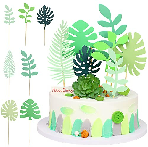 Jungle Cake Toppers 7Pcs Tropical Palm Leaves Cake Toppers, Hawaiian Cake Decorations Happy Birthday Cake Topper Summer Jungle Theme Party Decoration Baby Boy Cake Decorations