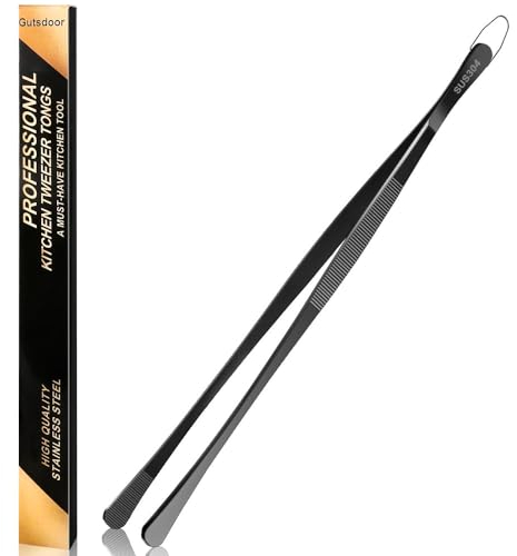 Gutsdoor Pinzette da cucina in acciaio inox, pinze per alimenti, per cucinare, pasta, barbecue, cottura (nero con punta larga)