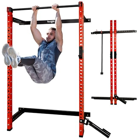 Yes4All 2 x 2 Tube with 1 Hole Space Saving Folding Wall Mounted Squat Rack for Home Gym, 1000lbs Capacity Steel Power Cage with Adjustable Pull-Up Bar, 360 Degree Landmine & Strong Steel J-Hooks