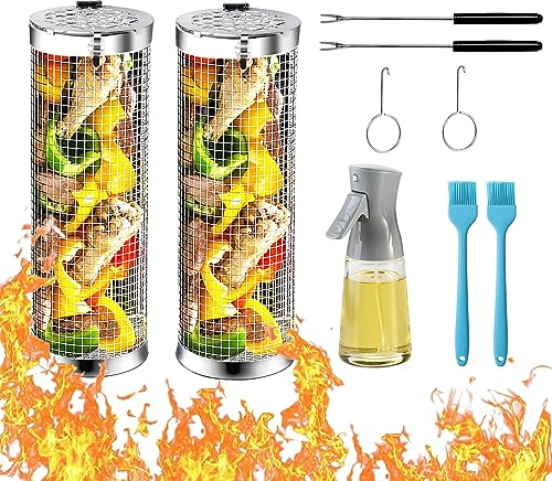 WYQSX 2 Stück Zylindrischer Grillkorb Edelstahl Rolling Grilling Basket, Grillnetzrohr Grillkorb Gemüse mit Gabel, BBQ Grillkörbe Grill Rack Grillkochzubehör für Außengrill Gemüse, Fleisch (30 * 9CM)