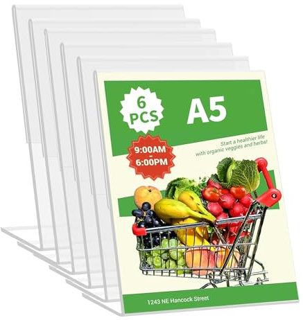 DAGORD 6 Piezas Expositor Metacrilato Transparente A5 Acrilico Soporte de Sobremesa Transparente en Forma de L A5 Soporte para Letreros para Carteles Porta Menú Póster Portafotos