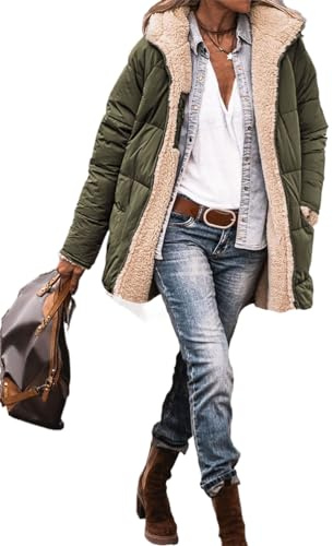ORANDESIGNE Femme Manteaux Courte Chauds D'hiver Réversible Sherpa Polaire Longues Doudoune Vestes Bouffantes à Capuche Vêtements D'extérieur A Armée Verte S