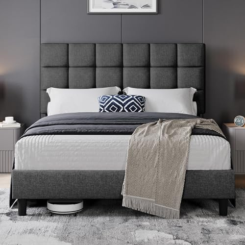 Yaheetech 5ft King Bed Frame Upholstered Platform Bed with Adjustable Square Tufted Headboard/Linen Fabric/Sturdy Wooden Slat Support/No Box Spring Needed, Dark Grey King Bed