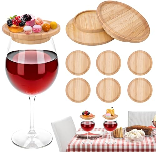 6 adornos para copas de vino, copas de vino, posavasos de bambú para copas de vino, decoración de copa de vino para aperitivos, postres, hogar, restaurantes y fiestas.