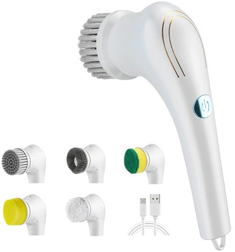 Xrten Cepillo Limpieza Hogar Electrico, Fregadora Giratoria Eléctrico, Limpiador Eléctrico Baño, con 5 Cabezales de Cepillo de Reemplazables, para Pared, Bañera, Ventana, Zapatos
