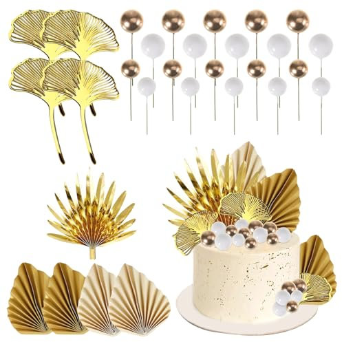 29 Pcs Gold Cake Decorations, Palm Leaf Topper, White and Golden Cake Balls, Golden Ginkgo Leaves for Weddings, Birthdays, Babies Bath, Christmas (Gold)