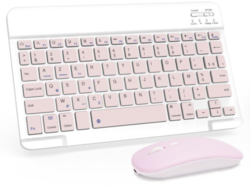 LAMA Clavier et Souris sans Fil Bluetooth, Clavier Universel Ultra-Mince Rechargeable pour Tablette, Compatible avec iPad/Tablette/iOS/Android/Windows, AZERTY Français, Rose