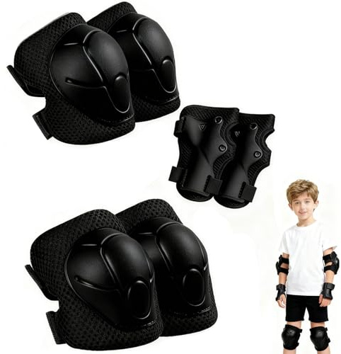 GIUSOBG Set di Protezioni Skateboard Per Bambini Set di 6 Ginocchiere Equipaggiamento Protettivo Per Bambini Equipaggiamento Protettivo Regolabile Skateboard Bicicletta Monopattino Pattini （nero）