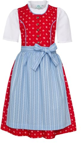 Isar-Trachten Dirndl 3 pièces pour enfant - Robe rouge/chemisier blanc/tablier bleu clair pour fille Oktoberfest Kirchweih mariage excursion du dimanche, rouge/bleu clair, 122