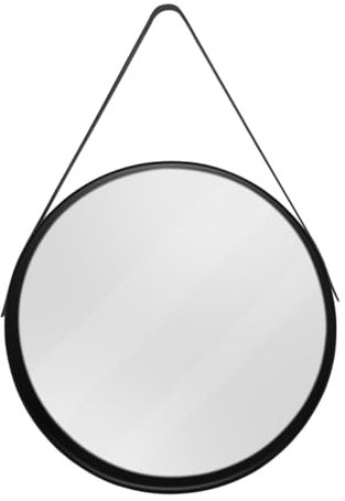 CHELY INTERMARKET MODR001 Espejo Redondo De Pared Negro con Correa De Colgar Ajustable 50x50cm Estilo Moderno Minimalista para Baño Recibidor Dormitorio Decoración Montaje Fácil PVC Liger