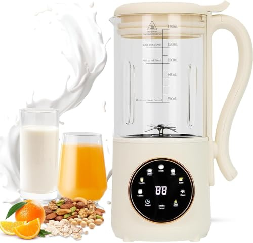 Machine à lait de soja automatique 9 en 1 1400 ml avec auto-nettoyage, 16 lames pour lait d'amande, lait d'avoine, lait végétal, jus avec minuterie de retard 24 heures, eau bouillante et entretien
