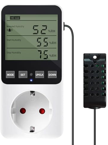 Fuktregulator, hygrostatuttag, 230 V termostatuttag, temperaturregulator med timer givare uppvärmning kylning LCD-skärm, 20 ~ 99 % Rh, -10 °C ~ 50 °C för växthus akvarium terrarium svamp