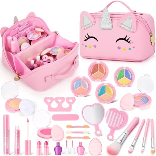 Kids Washable Makeup Kit for Girls with Cosmetic Bags - 29 Pcs Real Non Toxic Make Up Set for Kid - Easter Basket Stuffers for Toddler - Unicorn Makeup Toy for 3 4 5 6 7 8 9 10 Years Old Birthday Gift