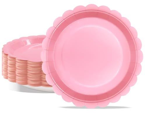 PYAILI Lote 50 Platos Papel 18cm Rosa Claro Borde Ondulado