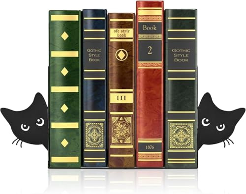 CTDMJ Sujetalibros de metal 2 unidades, sujetalibros con gato mirando, 18 x 15 x 8 cm, sujetalibros negro, decoración de estantería, soporte para libros para el hogar, oficina, escuela, amantes de los