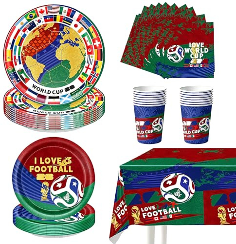 W-M 2026 - Set di stoviglie per feste, 102 pezzi, con piatti, bicchieri, tovaglioli, tovaglia, decorazione da tavolo con pallone da calcio, per 20 ospiti