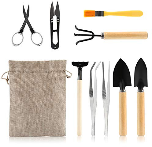LIHAO 10 Piezas Mini Herramientas para Bonsái Kits de Herramientas de Jardinería Plantación de Cactus Suculentas Plantas Maceta