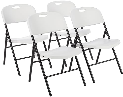 Amazon Basics Klappstühle aus Kunststoff und Metall, 4er-Set, Campingstuhl, Küchenstuhl, drinnen und draußen, Weiß, bis 158 kg