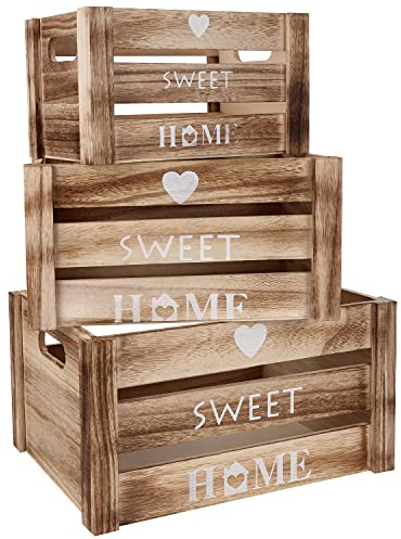 BELLE VOUS (3er Pack Holzkiste Vintage Kisten Holz mit Griffen - Rustikale Holzkiste Groß, Mittlere & Kleine Holzkiste - Herz mit Sweet Home Deko Kiste Holz Kiste